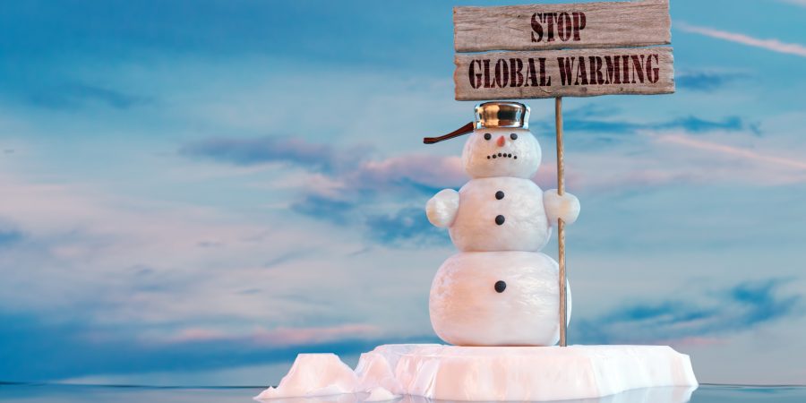 3D render of snowman holding wooden transparent with Stop Global Warming phrase floating on ice floe